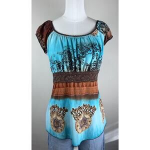 VTG Women's Baby Doll Y2k Cap Sleeve Shirt Brown Turquoise Lace Western M/L